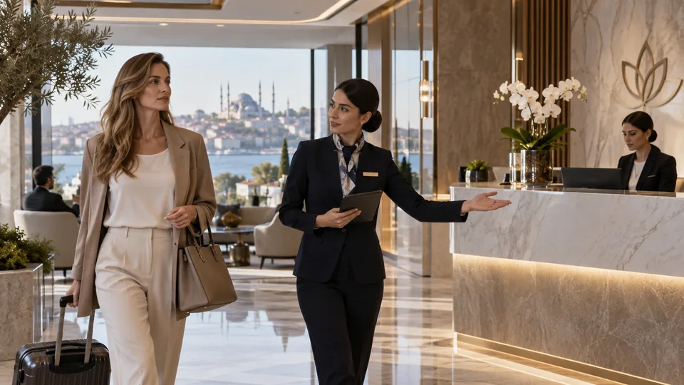 Illustrative Ankunft an einer Hotelrezeption in Istanbul